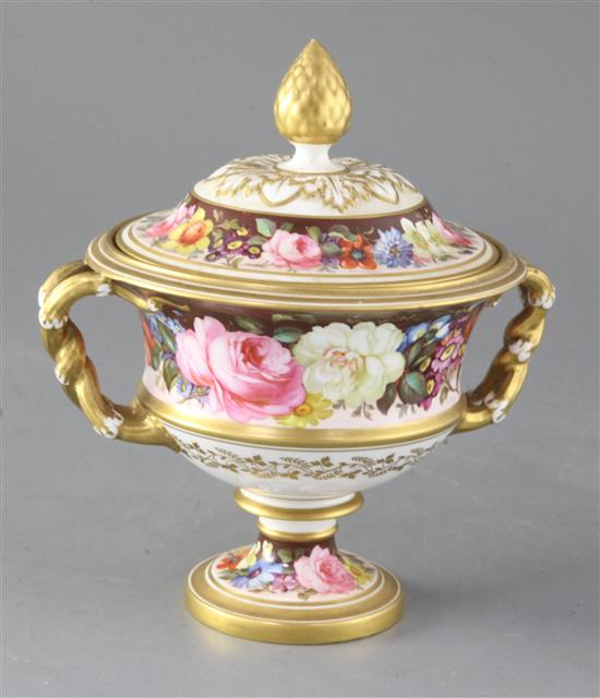 A Royal Crown Derby twin handled urn and cover, painted by Albert Gregory, height 20cm